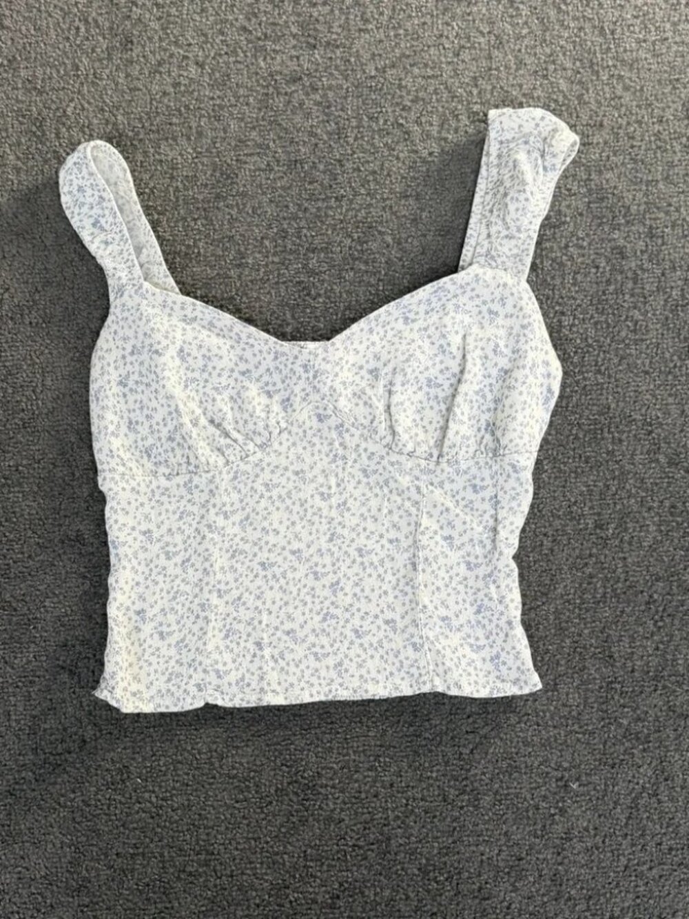 Sienna Sky Blue White Ditsy Floral Smocked Back Sweetheart Crop Top Large
